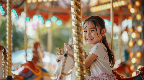 Little girl riding a carousel horse at a funfair and smiling © Sittipol 