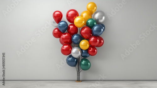 An artistic and festive balloon wall designed as a gumball machine featuring metallic and matte balloons in primary colors positioned on a solid grey background to suit any celebratory occasion photo
