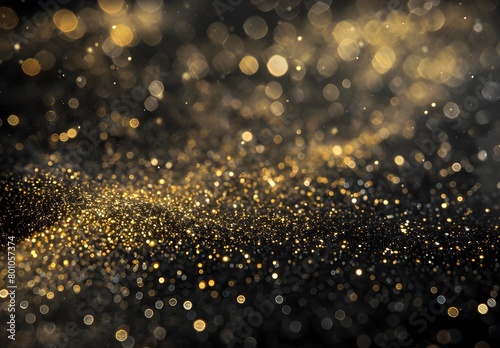 Black and gold background with a lot of glittering gold dust  in the air photo