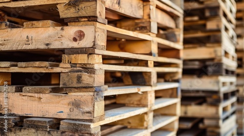 Stacked wooden pallets ready for use in the warehouse or factory