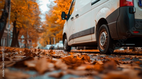 A white delivery van parked on a road covered in autumn leaves, showcasing a serene and seasonal setting