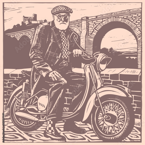 Old fashionable European grandfather on a motor scooter, vector illustration