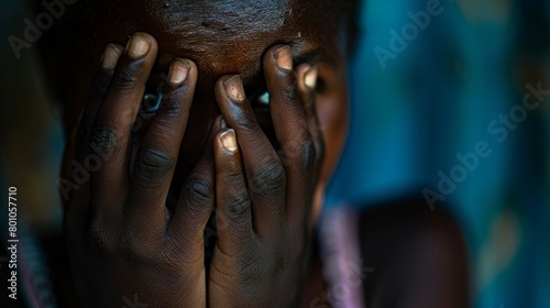 A closeup of a distressed student covering her face with her hands, shot from a low angle photo