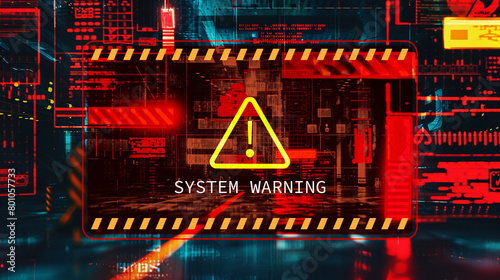 Graphic design backdrop with glitchy error messages and warning signs,