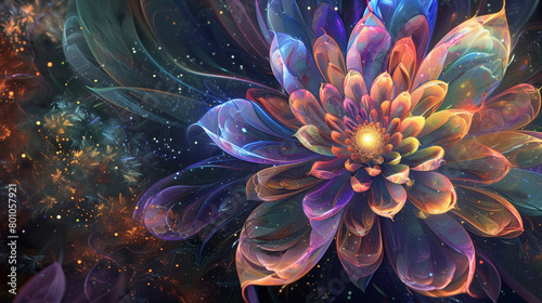 Cosmic blooms of iridescent petals  unfolding in a tapestry of light that whispers of timeless secrets.