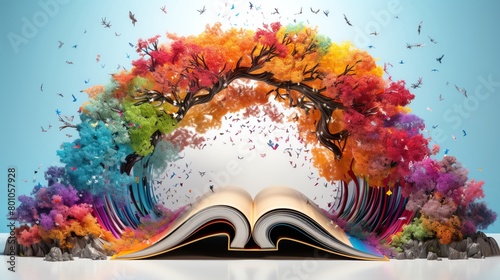 Surreal 3D artwork of a book whose pages morph into branches of a tree under a rainbow arch symbolizing growth and knowledge suitable for library promotions or literary festivals photo