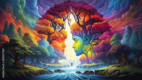 Surreal 3D composition featuring a human head silhouette filled with a cascading waterfall a vibrant rainbow arching over and subtle outlines of trees and animals symbolizing a deep connection with na