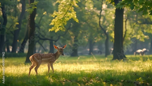 Deer grazing peacefully in an urban park meadow, a rare sight of city wildlife photo