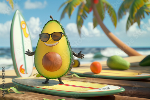 A mango wearing sunglasses is surfing on a surfboard, surrounded by waves, water, palm trees, and sunA mango wearing sunglasses is surfing on a surfboard, surrounded by waves, water, palm trees, an