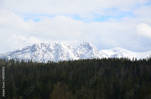 mountains under snow, a beautiful panorama of the High Polish Tatras, Mount Giewont, the green valley below Gubalowka near the city of Zakopane,