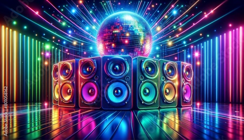 Dynamic speakers aligned with a dazzling disco ball, casting vibrant neon beams on a sleek grid floor.