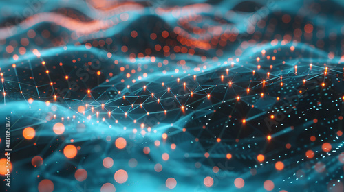 a vibrant 3D network of interconnected points and lines glowing ,Abstract digital background,3d rendering of particles in cyberspace with depth of field and bokeh