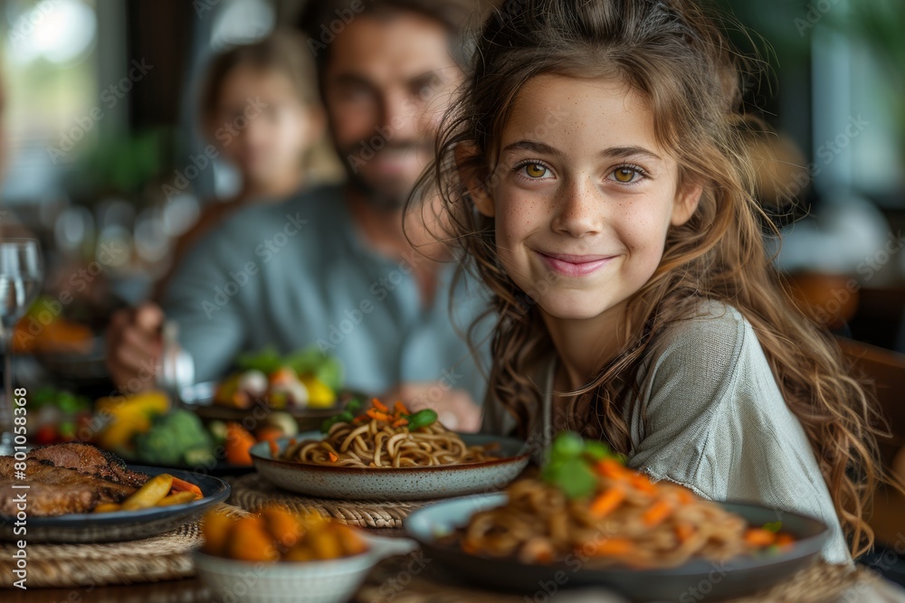 Happy family breakfast hour, father, mother, son, and daughter sit at a table filled with food in a dining room. Happy family breakfast hour, father, mother, son, and daughter sit at a table filled with food in a dining room.