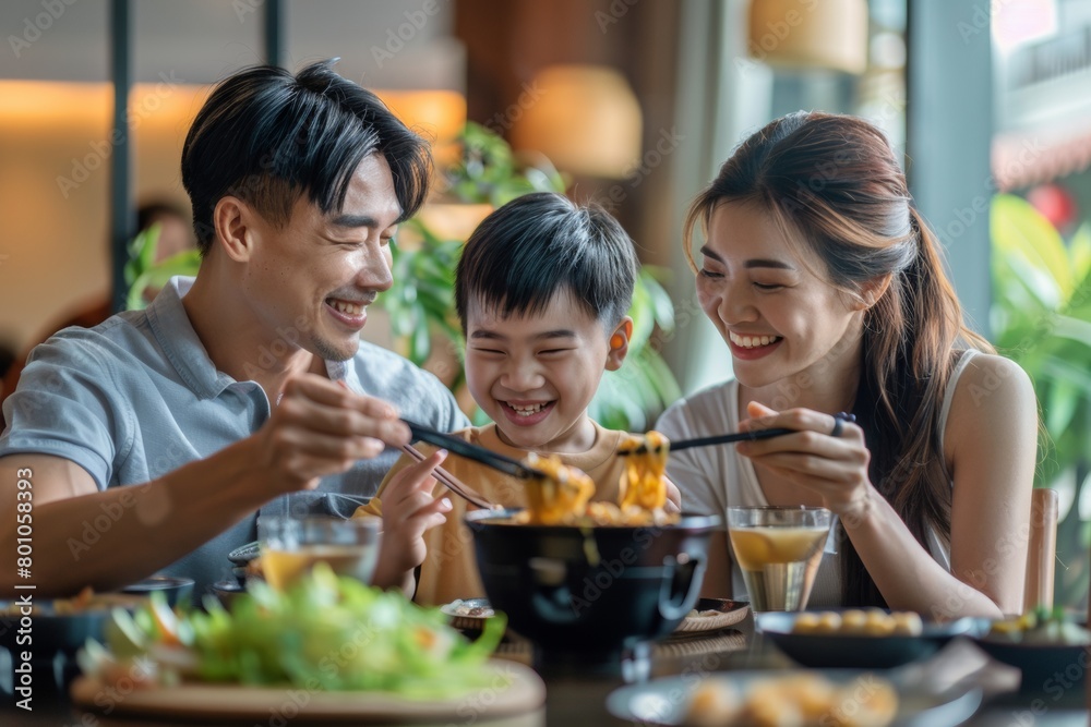 Happy family breakfast hour, father, mother, son, and daughter sit at a table filled with food in a dining room. Happy family breakfast hour, father, mother, son, and daughter sit at a table filled with food in a dining room.