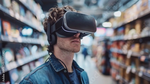 A man wearing a virtual reality headset stands in a store © tope007