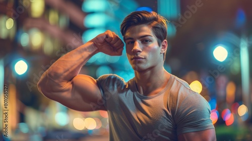 A young American man flexing his biceps on a city street at night, showcasing his muscles against the backdrop of urban buildings