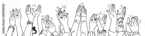 Hands clapping line art. People applause, cheers, celebrate, congratulate with success. Spectators greeting, show support, applauding, praises. Lineart isolated vector illustration on white background