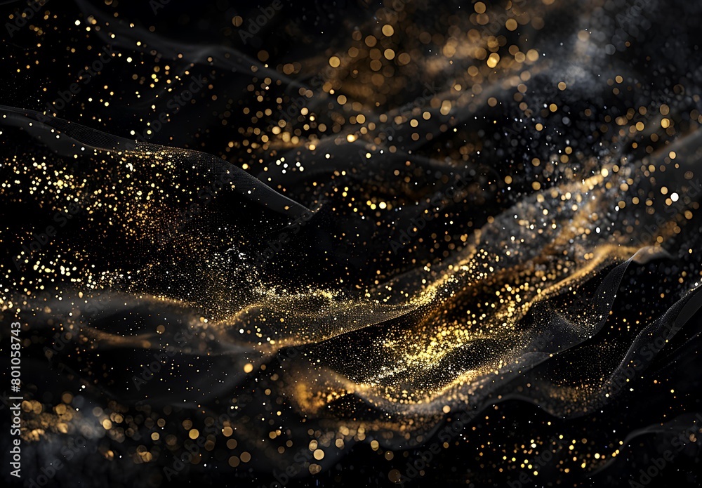 Dark fabric highlighted by sparkling golden particles creating an elegant background Dark fabric highlighted by sparkling golden particles creating an elegant background