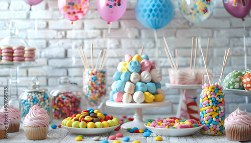 Tasty candy bar for Birthday on table near white brick wall