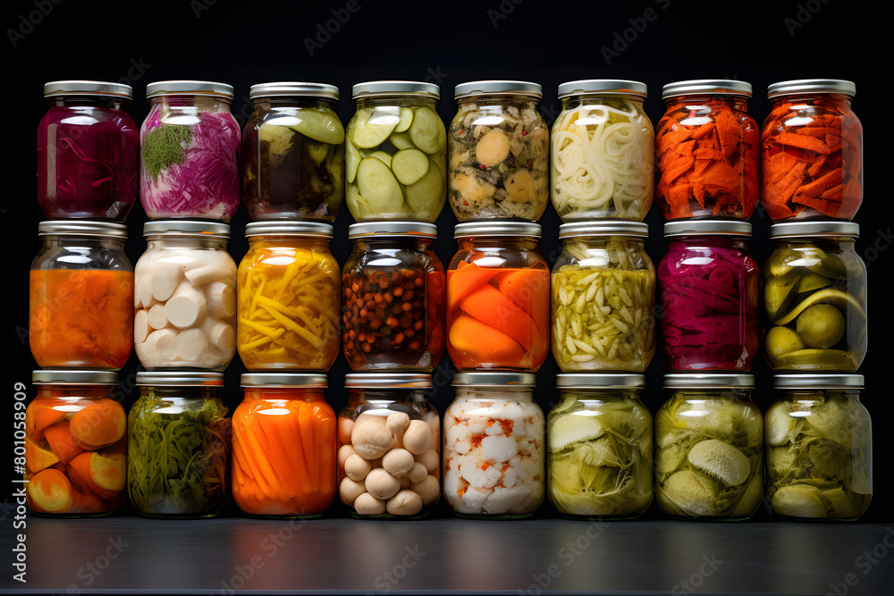 Jars with variety of pickled vegetables. Preserved food concept. Jars with variety of pickled vegetables. Preserved food concept.