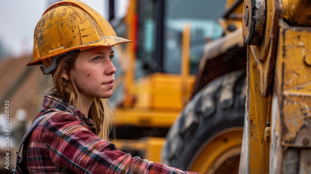A young woman wearing a hard hat stands beside a construction vehicle at a worksite