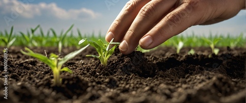 Expert hand of farmer checking soil health before growth a seed of vegetable or plant seedling, Business or ecology concept, analyze complex data sets in real-time, with a digital interface overlaid o
