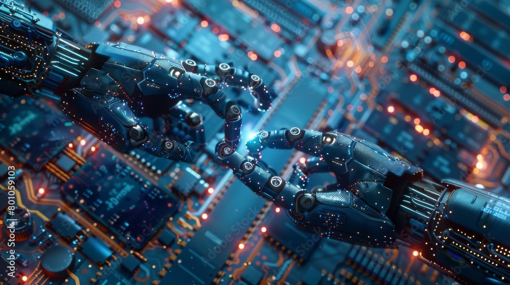 AI-Driven Precision: Robotic Arms Using Artificial Intelligence to Assemble Microchips on Circuit Boards, Enhanced with a Futuristic Blue-Toned Illustration
