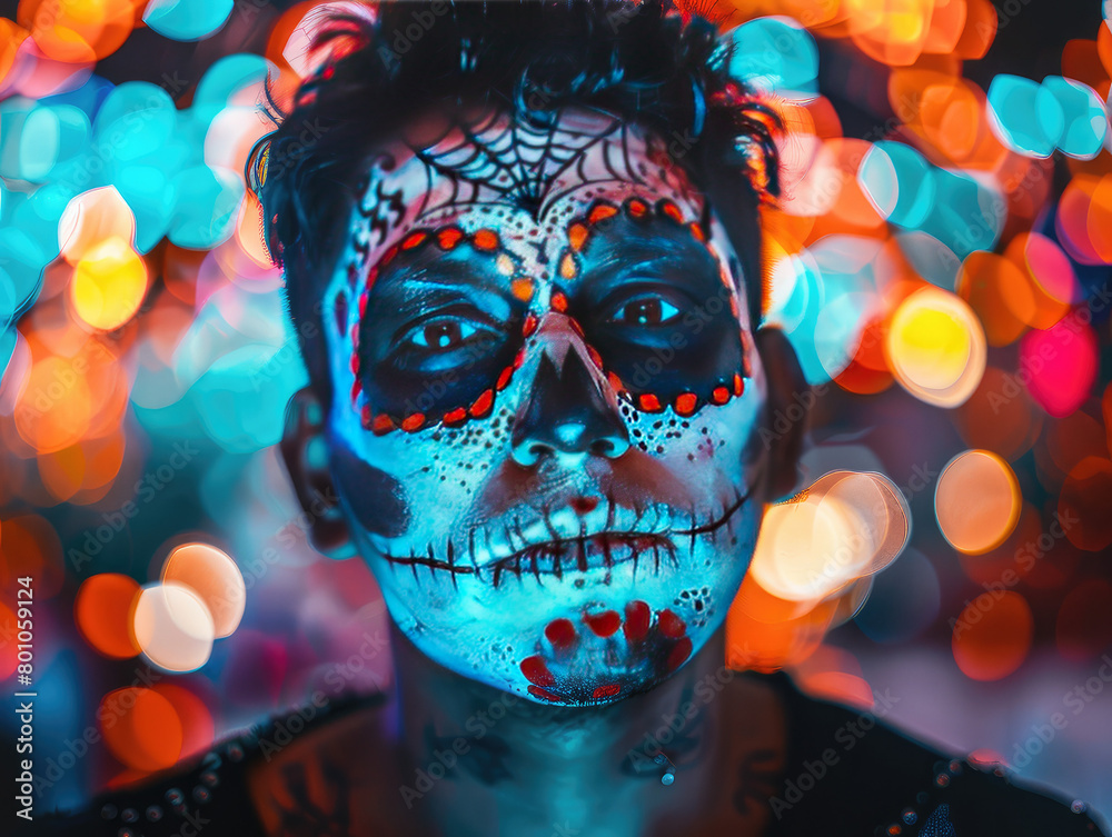 Portrait of a young Mexican man with sugar skull face paint, dia de los muertos, day of the dead celebration Portrait of a young Mexican man with sugar skull face paint, dia de los muertos, day of the dead celebration