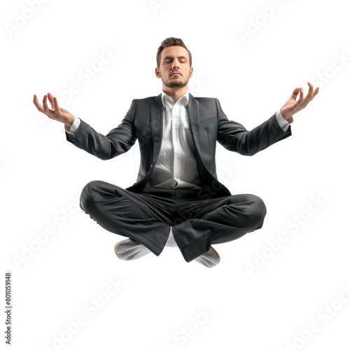 floated businessman doing yoga in the air, isolate on transparency background PNG