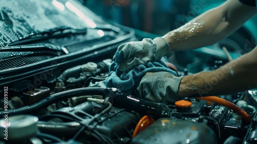 A mechanic wearing blue latex gloves is cleaning a car engine with a rag.