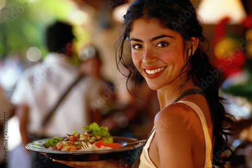 Attractive Hispanic Waitress in Restaurant Serving Salad Plates with a Smile photo