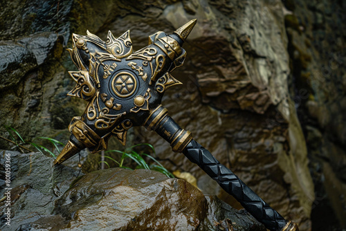 Sentinel's mace, adorned with guardian symbols, a protector in battle.