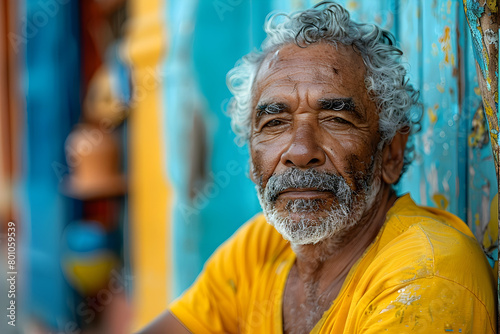 Older Man Leaning Against Vibrant Yellow and Turquoise Wall photo