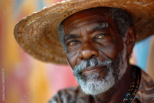 Old Man in Vibrant Colors and Straw Hat Looking at Camera