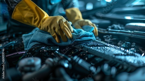 A close up of a person wearing yellow gloves cleaning a car engine with a blue cloth photo