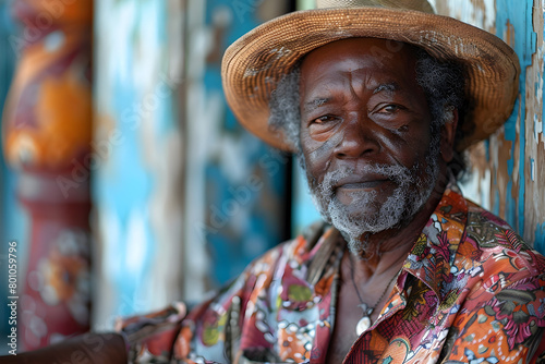 Elderly Man in Floral Hat with African-Inspired Textile Pattern