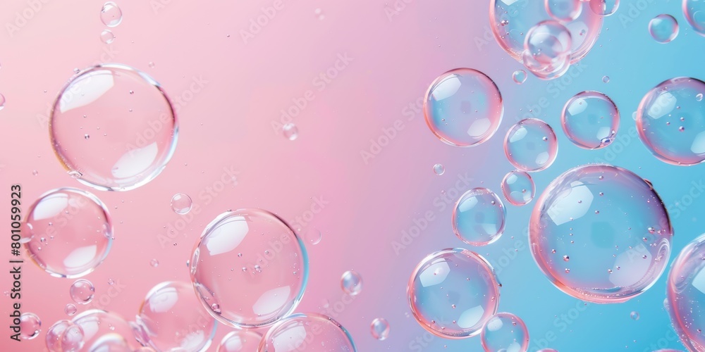 bubble skincare background. Transparent bubbles floating on a pink and blue gradient background
