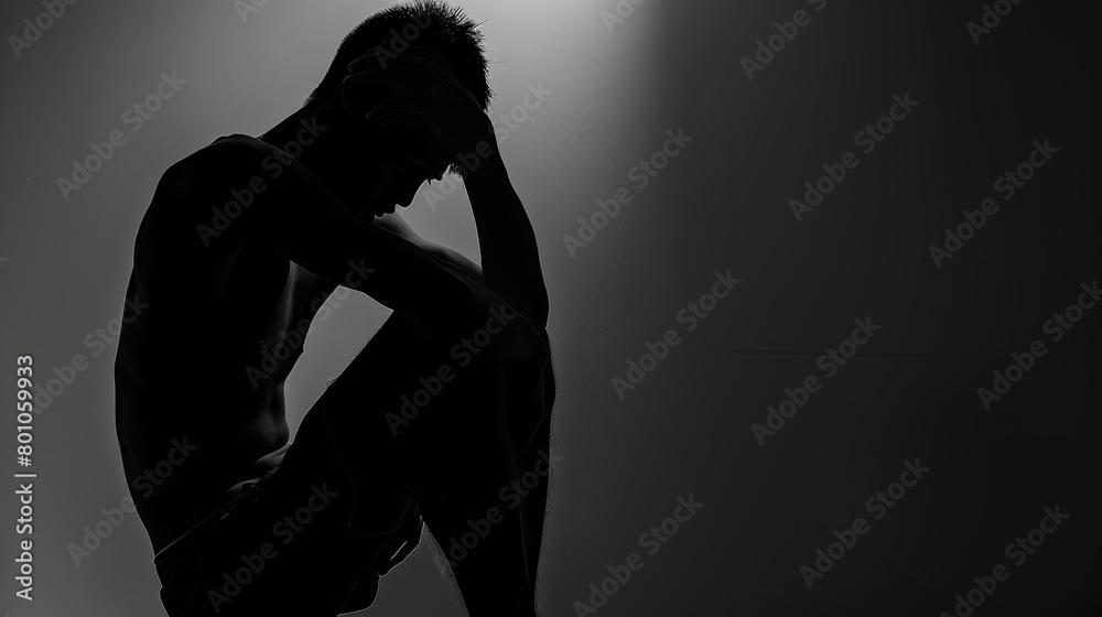 An eerie black and white silhouette of a man sitting in the dark, showcasing his distress and solitude