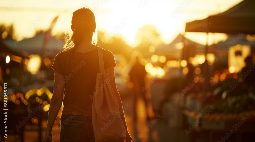 A silhouette of a woman walking down a street at sunset, carrying a reusable bag