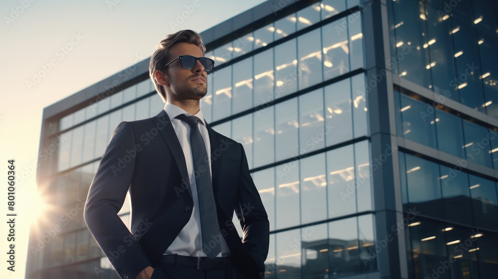 Fototapeta premium Young businessman standing in front of office building
