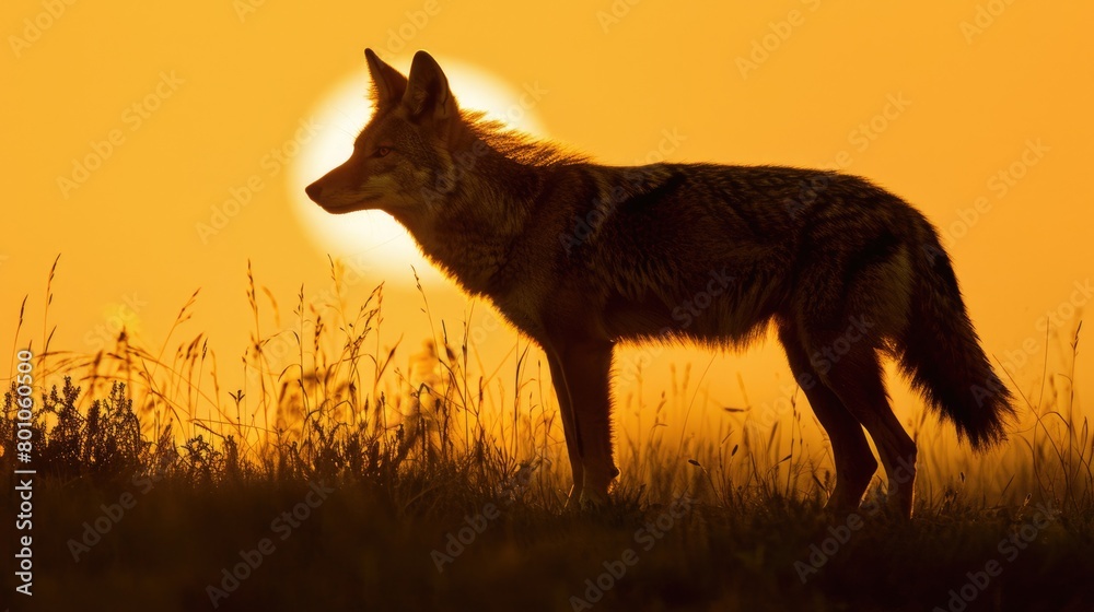 Wildlife at Dawn and Dusk: Coyote Silhouette in Sunrise and Sunset. Canine Animal Shadow in Wild