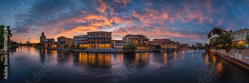Bend Sunset: A Serene Nighttime Cityscape Overlooking the Cascading River and Blue Sky © Web