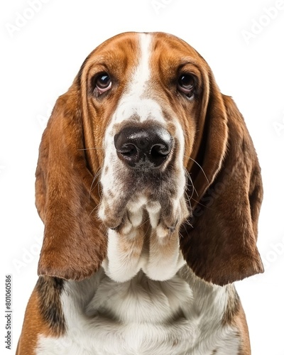 Bassett Hound Closeup: 6-Year-Old Pet Dog Alertly Looking in Front of White Background