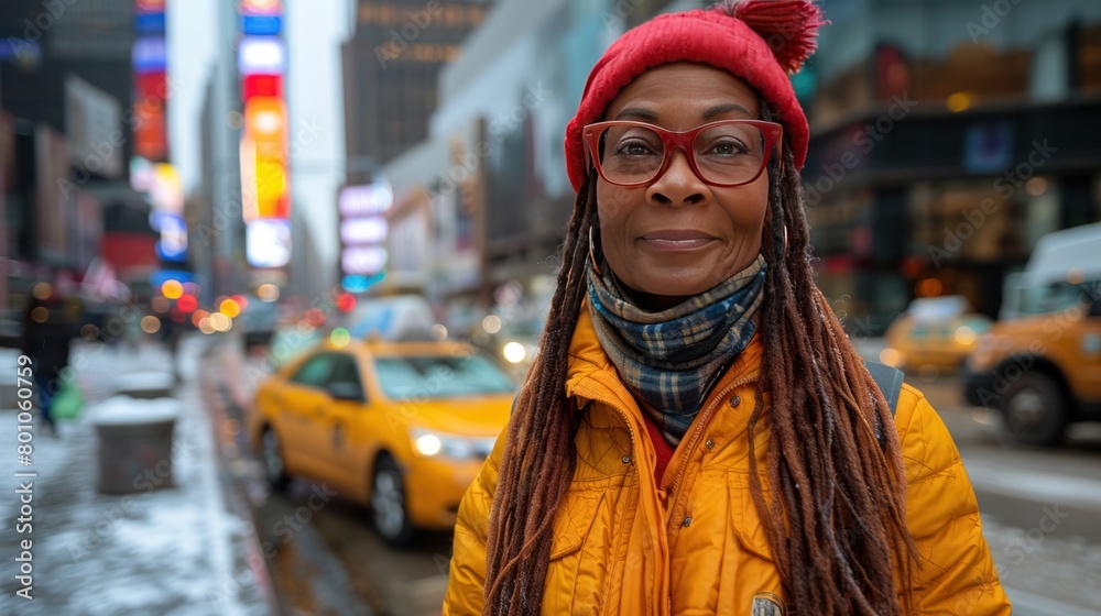 Senior black woman dressed in bold hipster clothes, multicolored glasses, standing outdoor on city street and posing front the camera, AI generated image