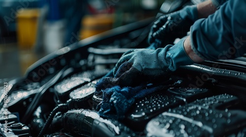 A mechanic wearing blue latex gloves wipes down a car engine with a blue microfiber cloth.