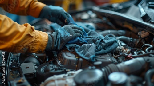 A mechanic wearing blue gloves is cleaning an engine with a rag.