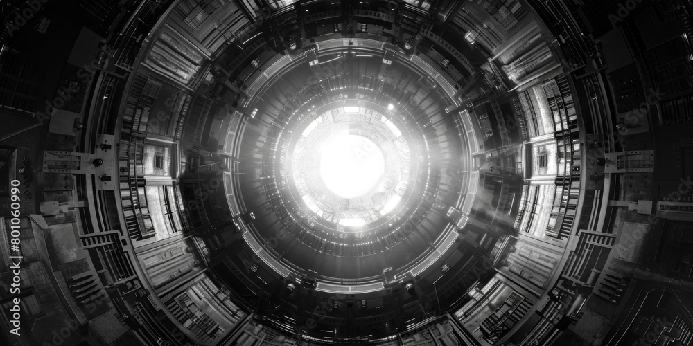 black and white nuclear fusion tank atomic. Black and white circular sci-fi tunnel with bright light at the center. Sci Fi background black and white nuclear fusion tank atomic. Black and white circular sci-fi tunnel with bright light at the center. Sci Fi background
