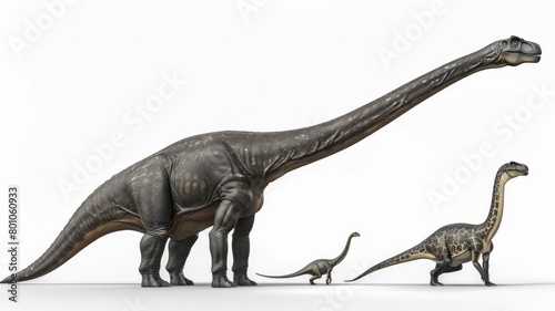 Three dinosaurs are standing in a row  with the tallest one being a large T-Rex