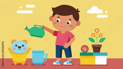 A series of cartoon illustrations showing a kid earning allowance for completing household chores followed by setting aside a portion for