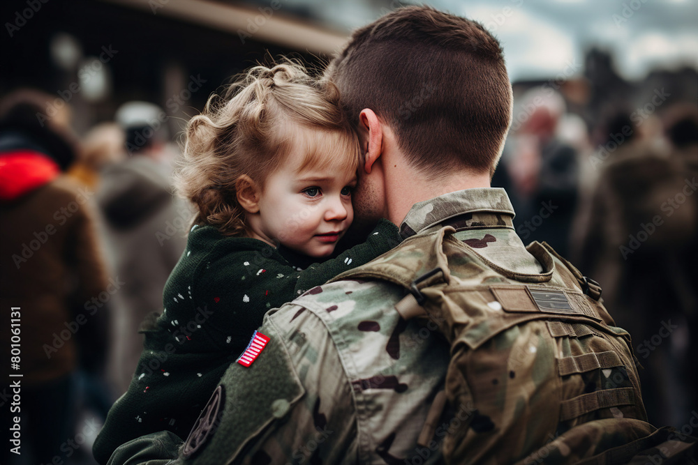 AI generated image of happy soldier spending time with family hugging child AI generated image of happy soldier spending time with family hugging child